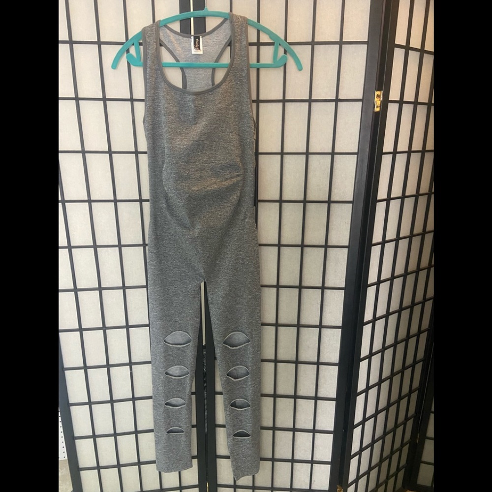 Gray sleeveless bodysuit with thigh slits